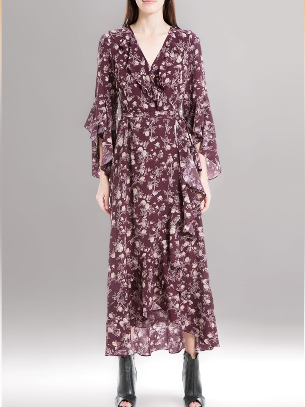 Max Studio Plum Floral Wrap Maxi with Ruffle Details